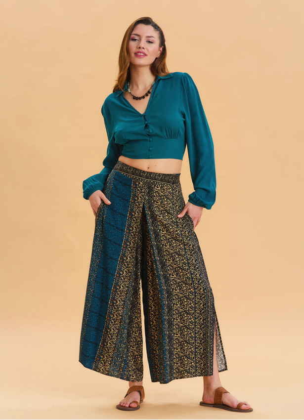 Elasticated Waistband with Slit Detail  Petrol Blue Wide Leg Trousers 4840